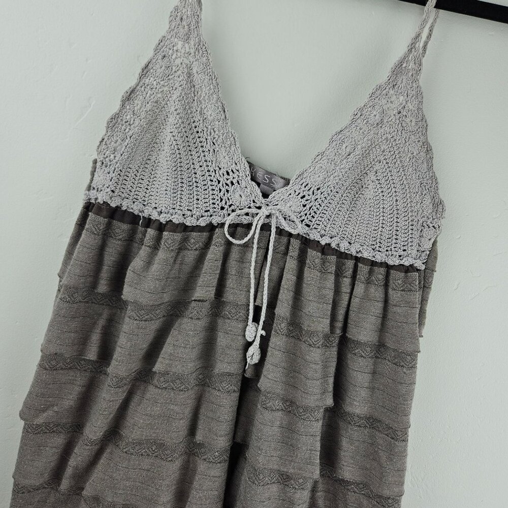 CROCHET TOP Y2K BOHO HIPPIE RUFFLED EMPIRE WAIST STRETCH DRESS Womens M Neutral